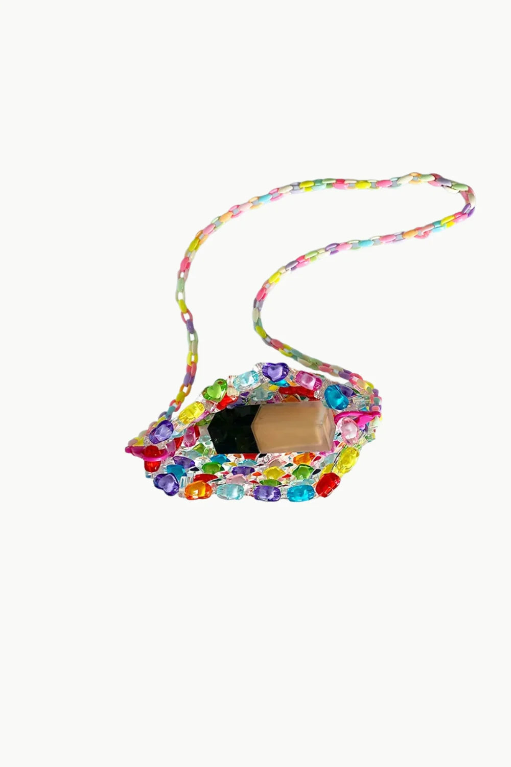 Colorful rainbow beaded crossbody bag with small light-colored object inside