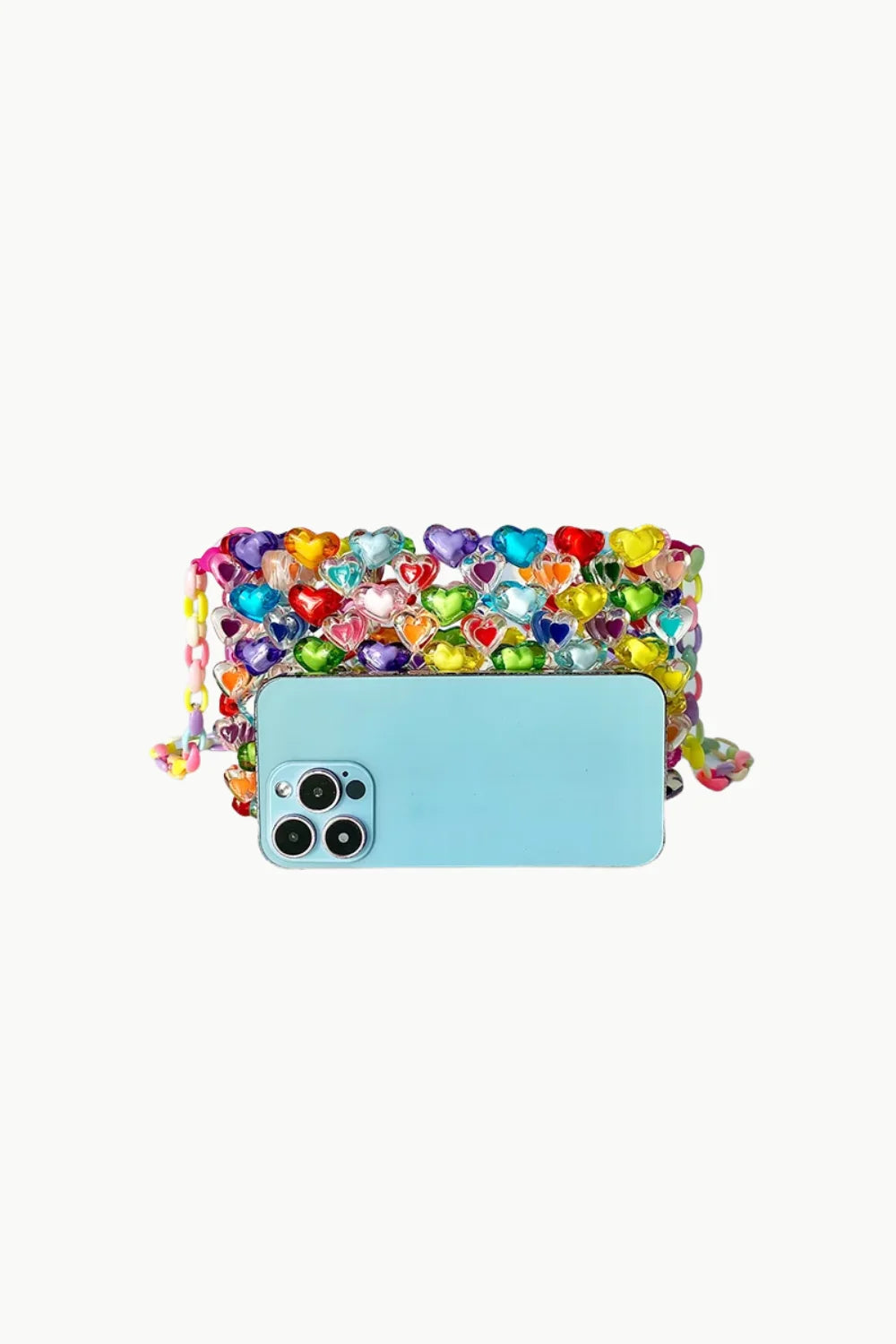 Multicolor beaded heart clutch purse with light blue smartphone, perfect rainbow beaded crossbody accessory