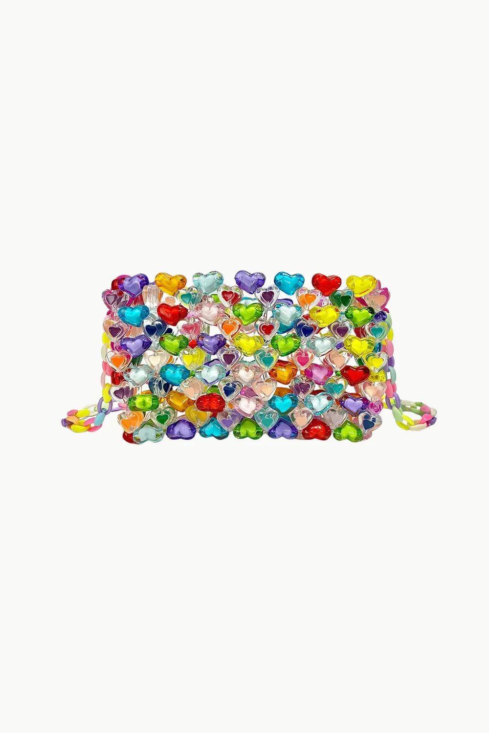 Colorful rainbow beaded crossbody bag with heart-shaped beads for stylish accessories