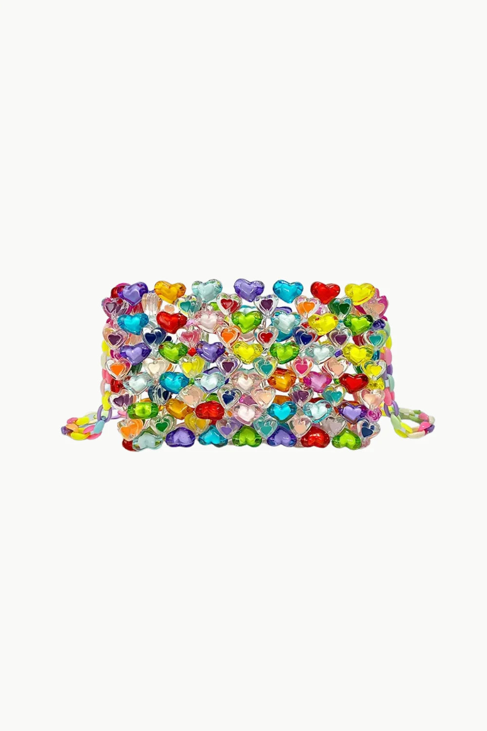 Vibrant rainbow beaded crossbody bag with multicolored heart-shaped beads