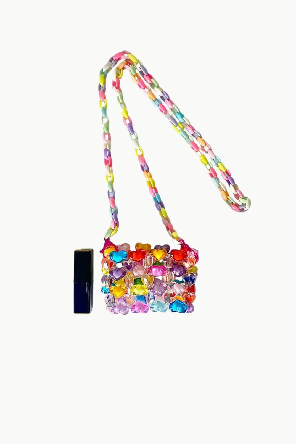 Colorful rainbow mini beaded heart-shaped shoulder bag with braided strap for stylish carry