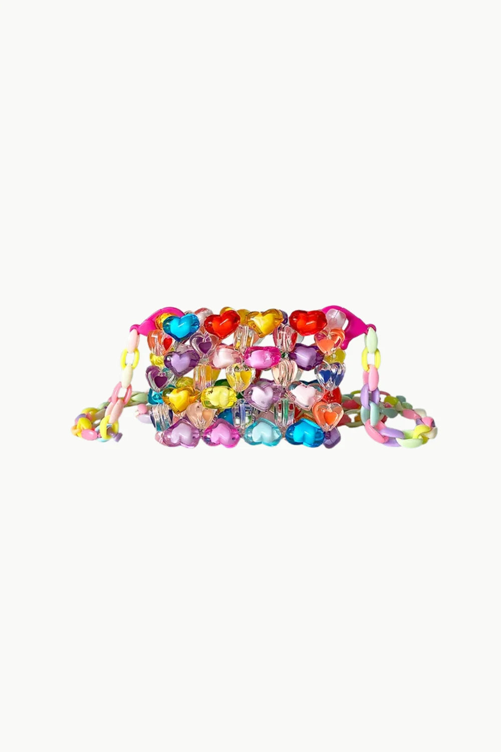 Rainbow Mini Beaded Bag with multicolored beads, heart-shaped details, and pink trim
