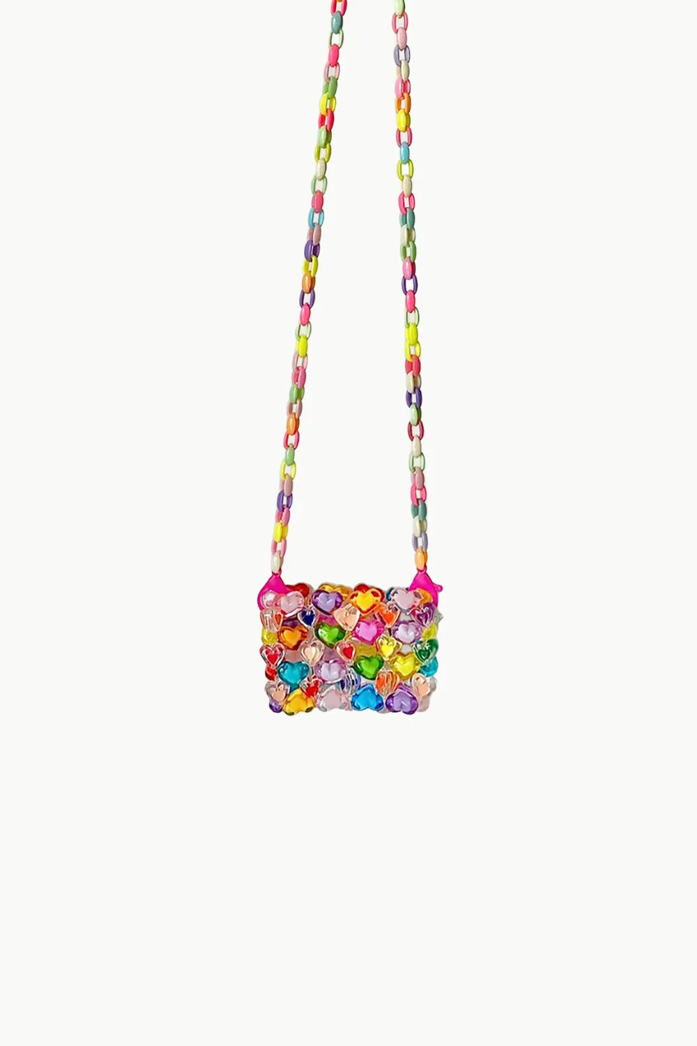 Rainbow Mini Beaded Bag with vibrant multicolored heart-shaped beads and rainbow chain strap