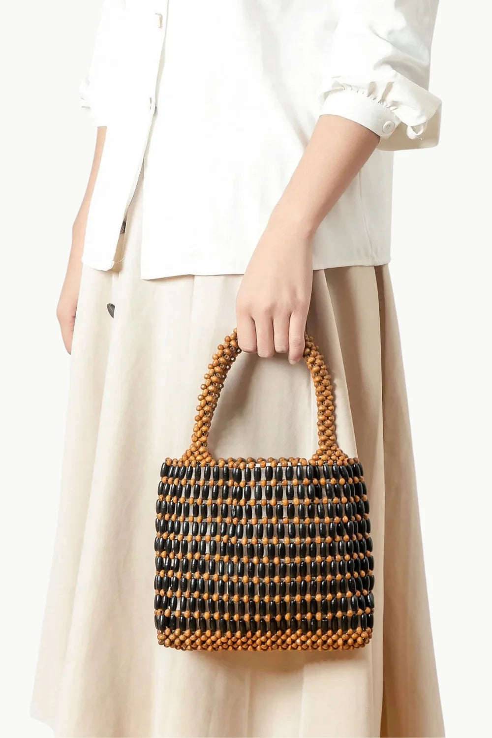 Black and brown beaded bucket bag with two top handles, stylish beaded bucket bag for women