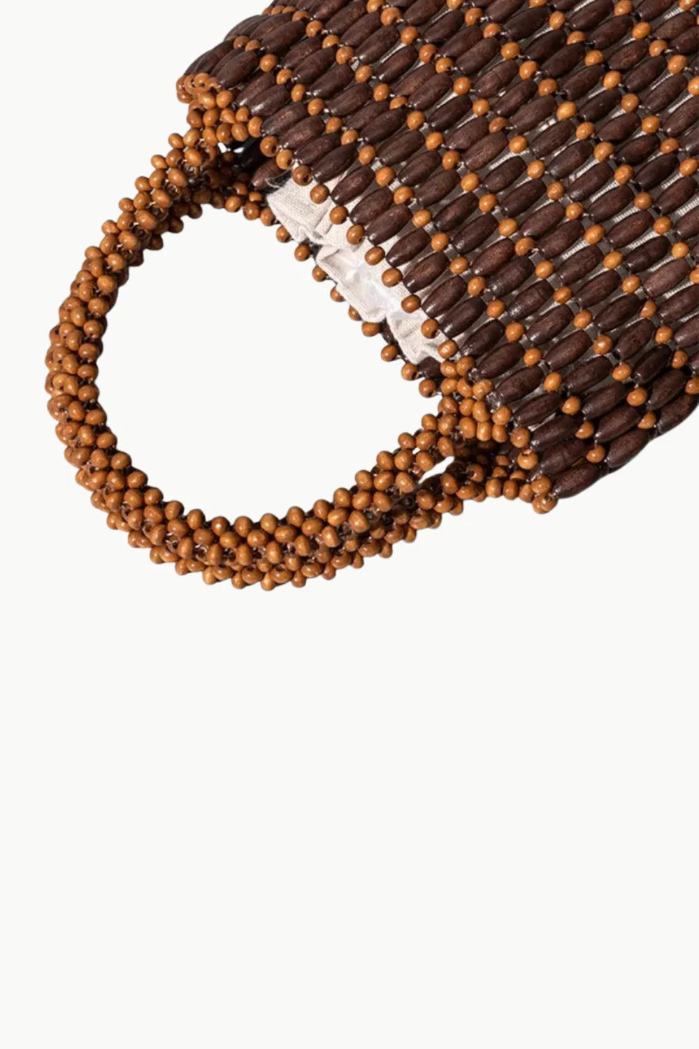 Brown wooden beaded bucket bag with round handle, stylish beaded bucket bag accessory