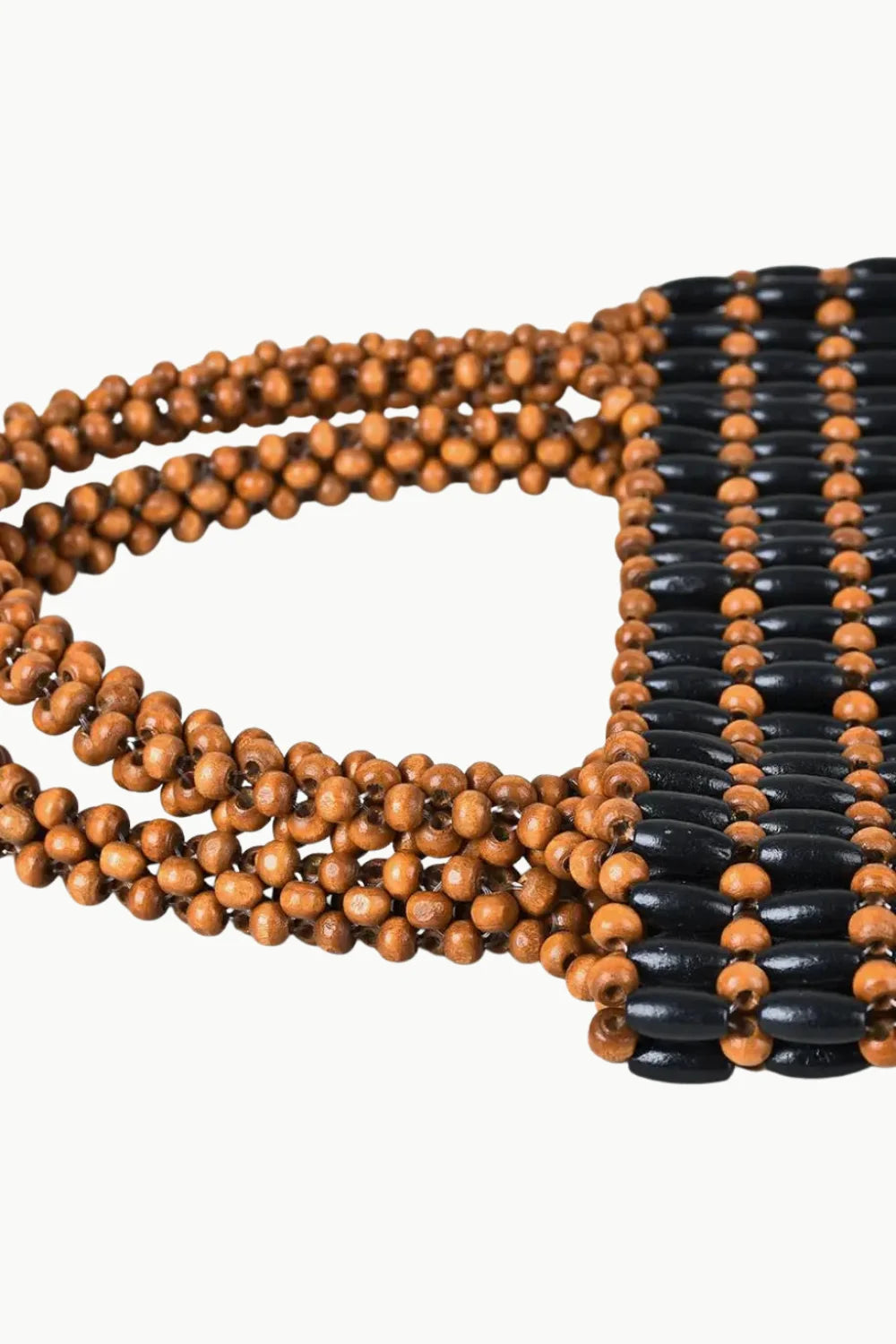 Beaded bucket bag with light and dark brown wooden beads for stylish accessories