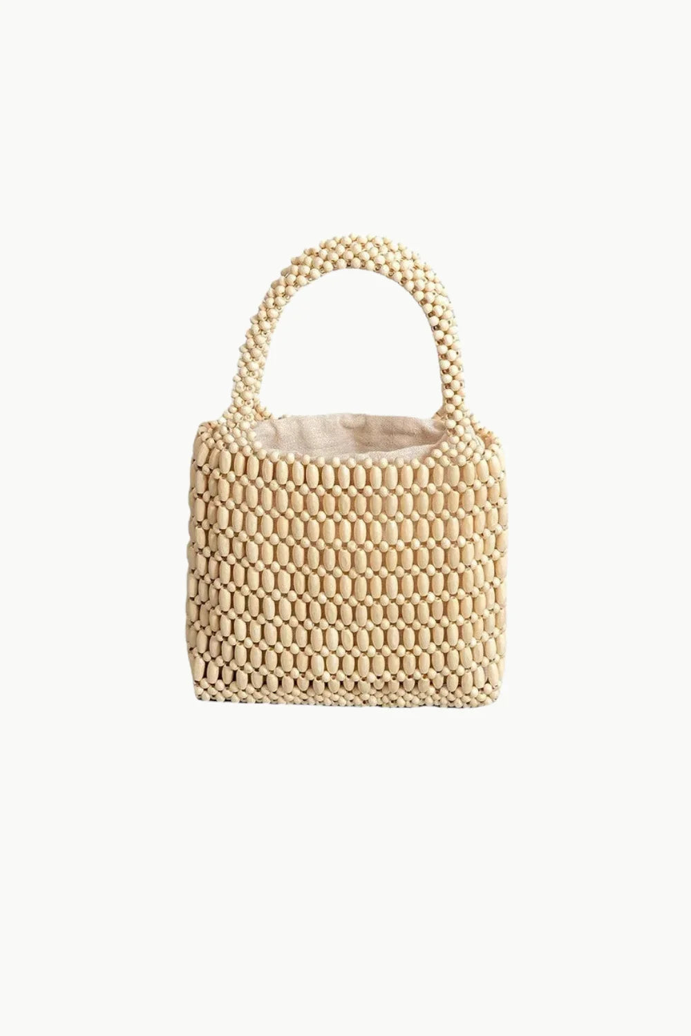 Light beige wooden beaded bucket bag with fabric lining, perfect beaded bucket bag style