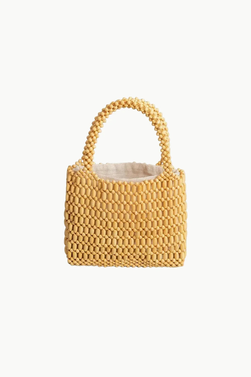 Light yellow beaded bucket bag with rounded handle and fabric lining for stylish carry