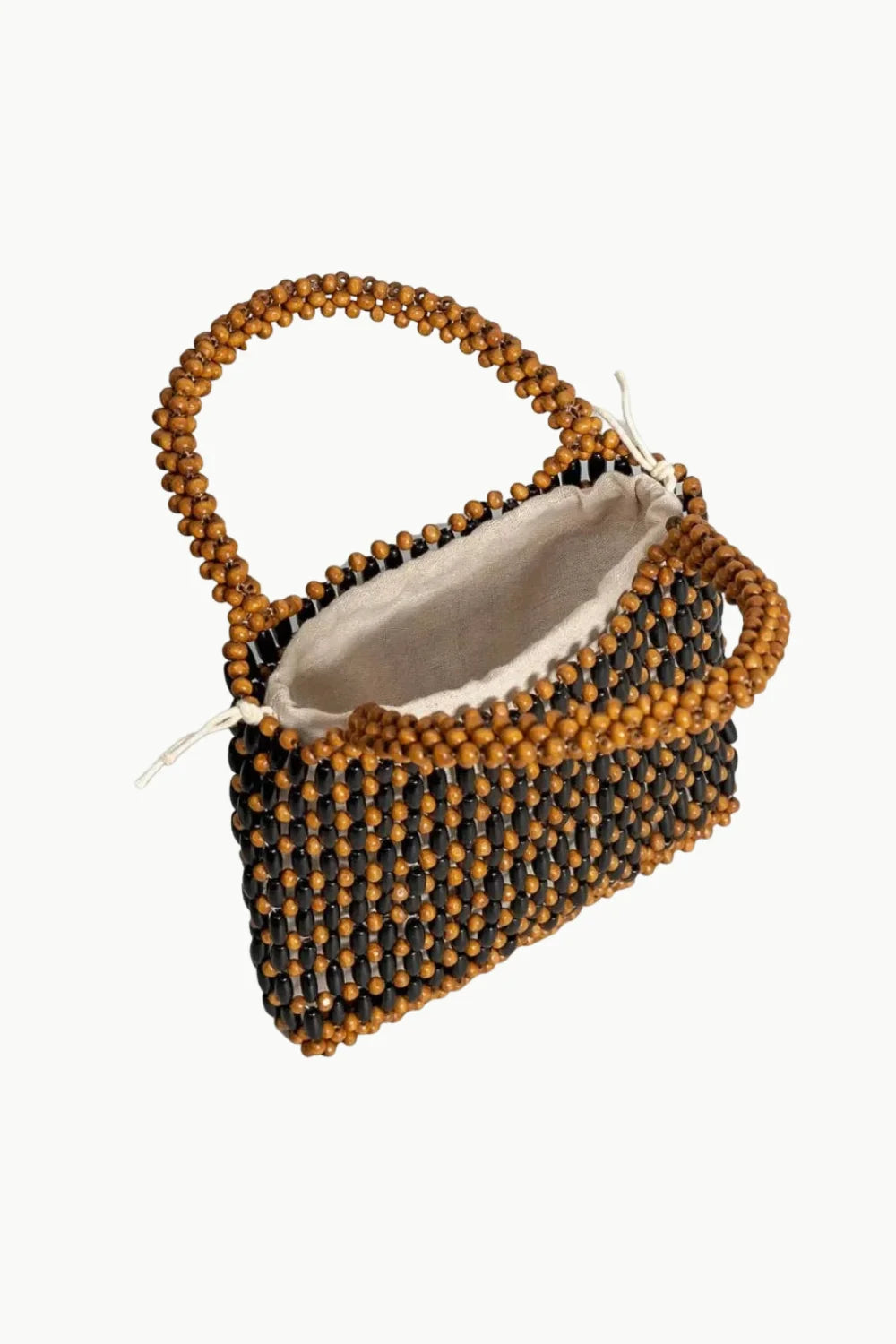 Beaded bucket bag with brown and black beads, beaded handle, light lining, stylish bucket bag