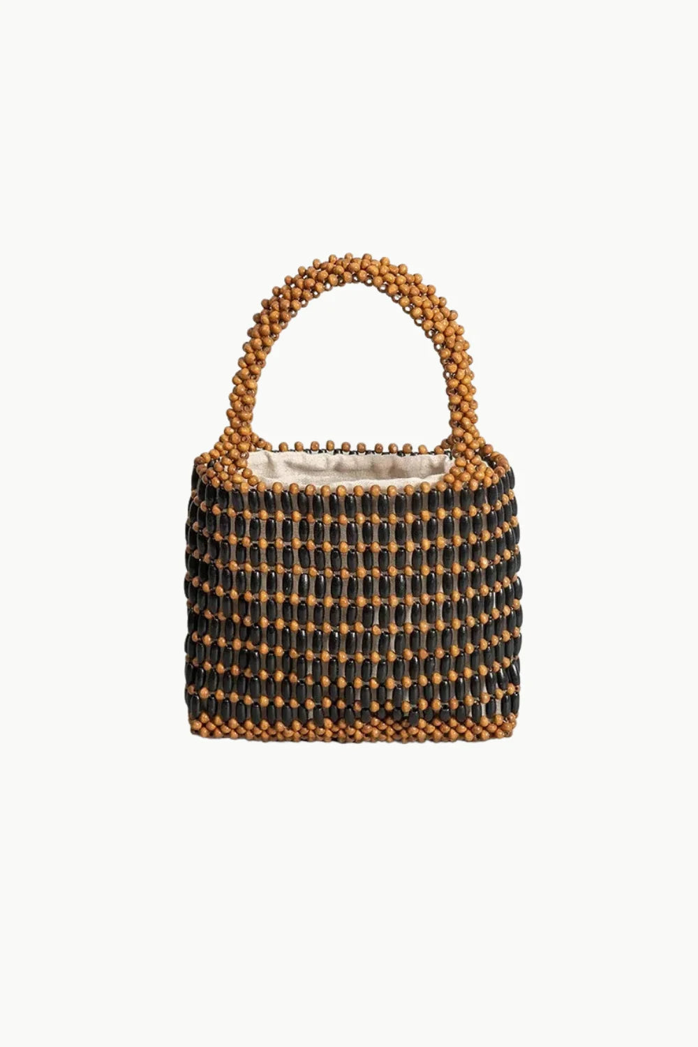 Rattan Beaded Bucket Bag with dark and light brown beads, beaded top handle, internal lining