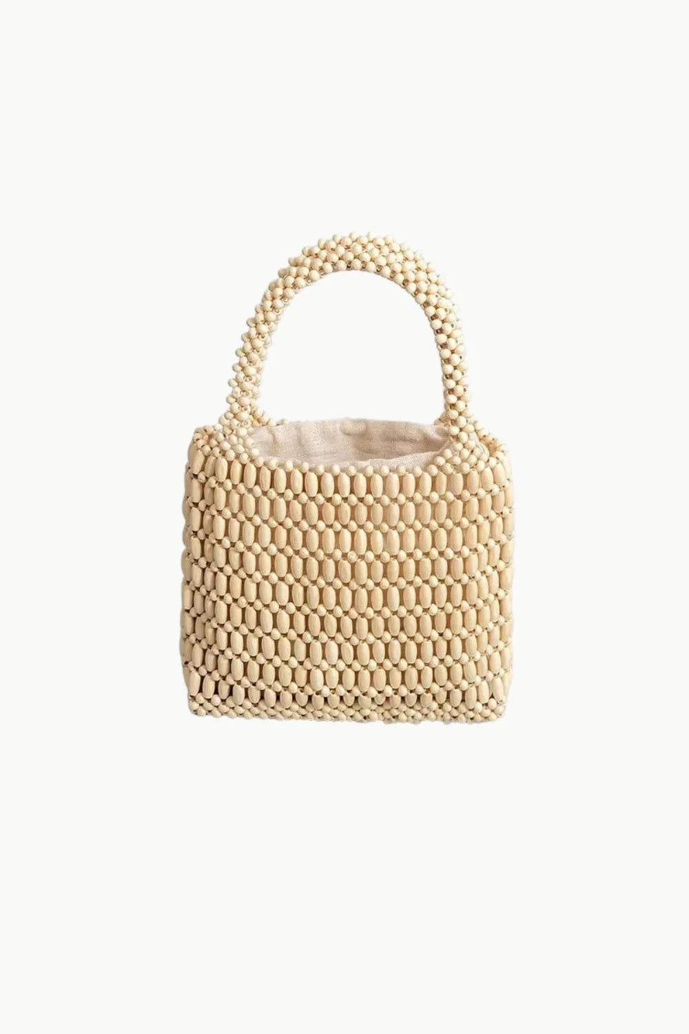 Beaded bucket bag with top-handle and fabric lining for stylish carry