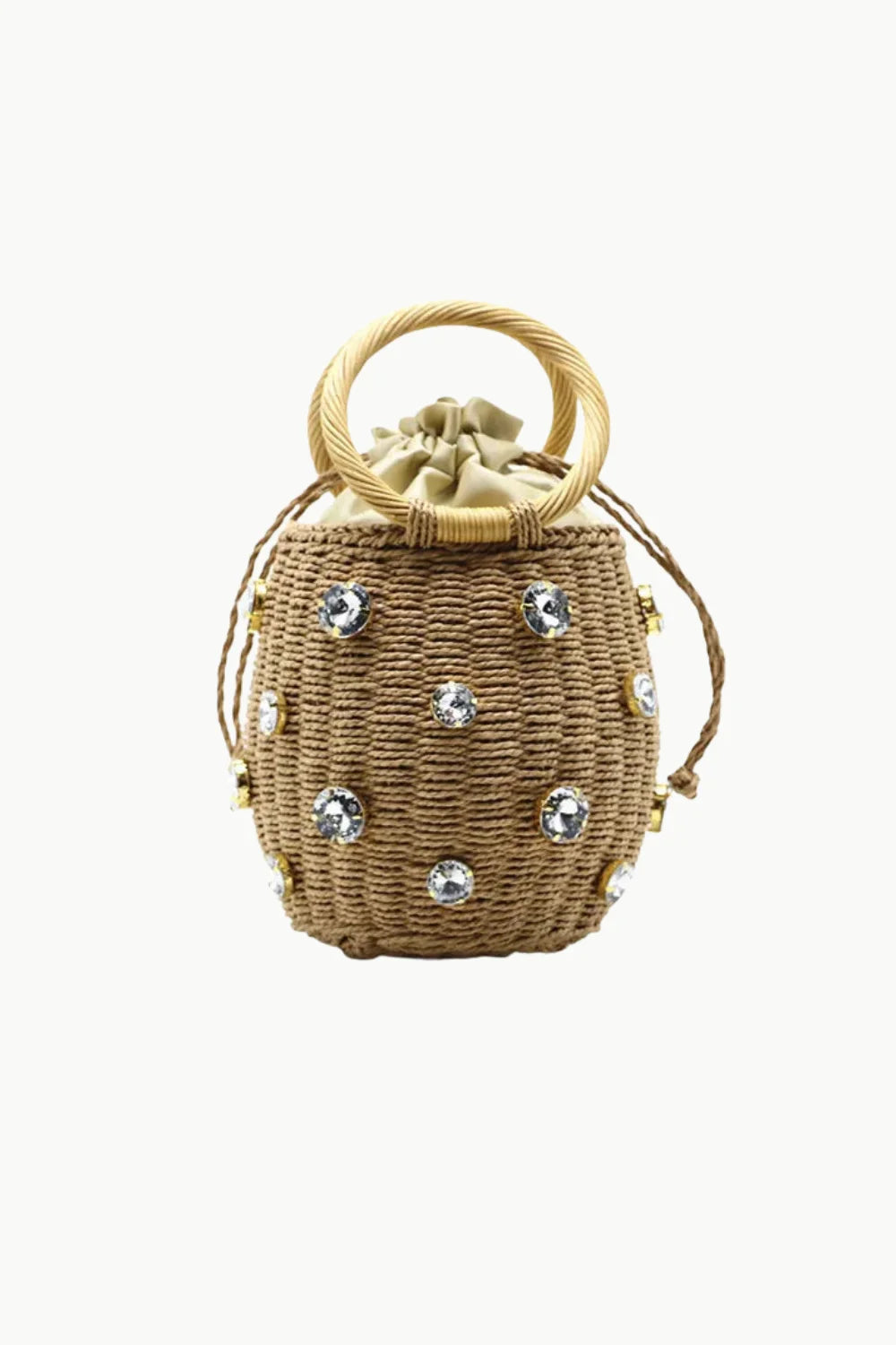 Brown woven rattan bucket bag with rhinestone embellishments and gold top handle