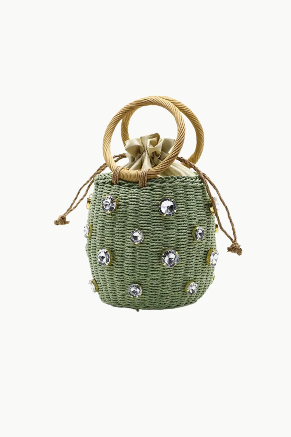 Green woven rattan bucket bag with rhinestone embellishments and round top handles