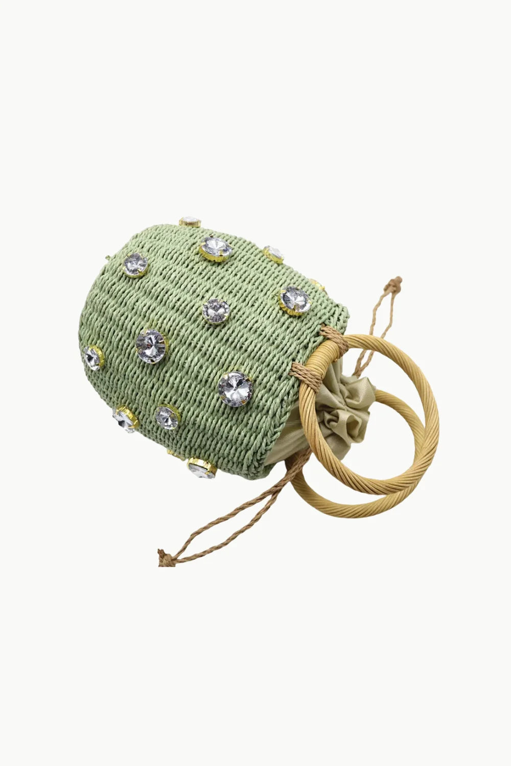Light green embellished straw bucket bag with rope handles, perfect rattan bucket bag style