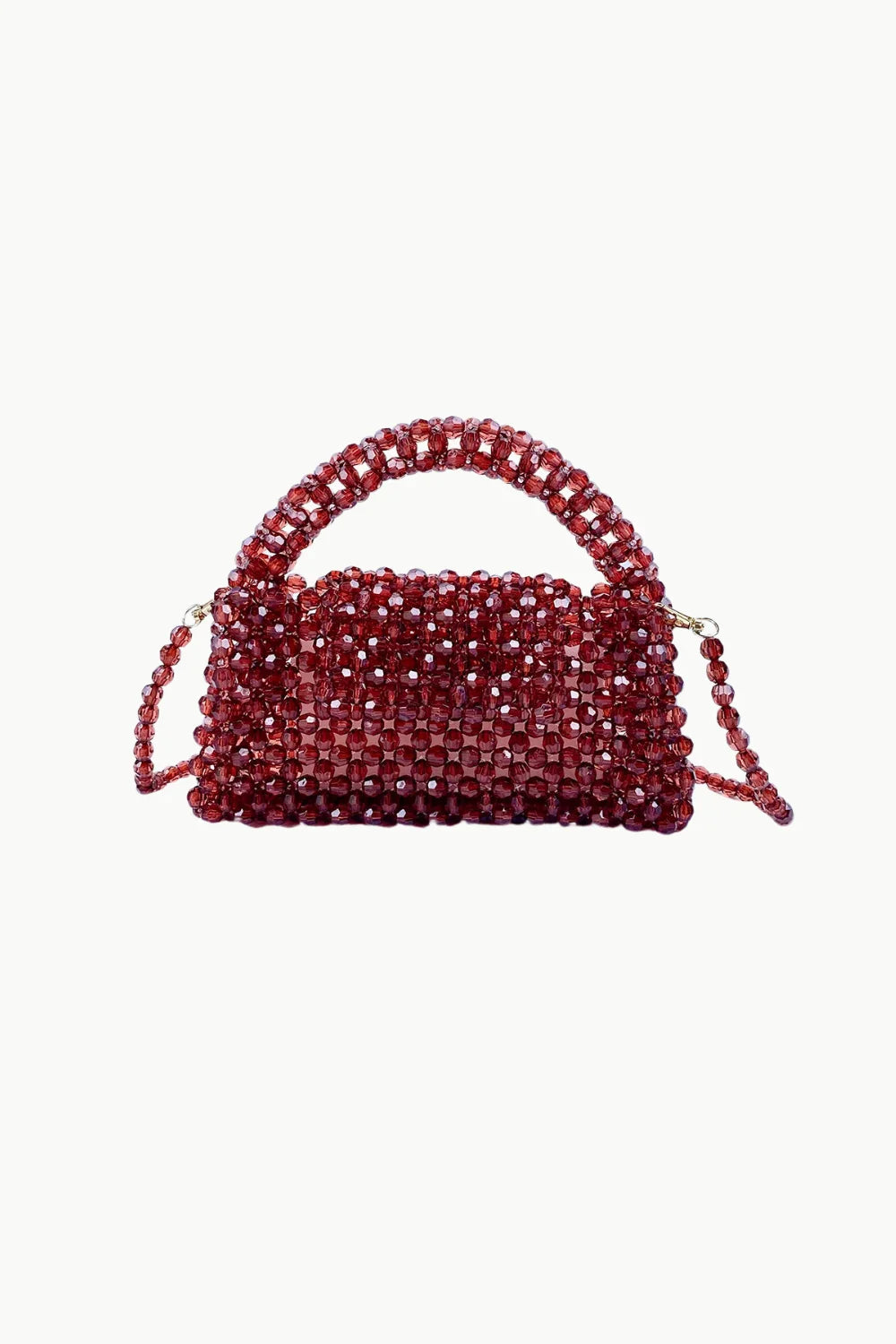 Red beaded evening bag with top handle and shoulder strap for elegant occasions