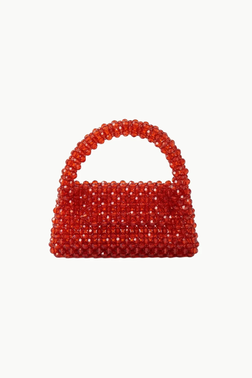 Red beaded purse with rounded handle, stylish red beaded handbag for women