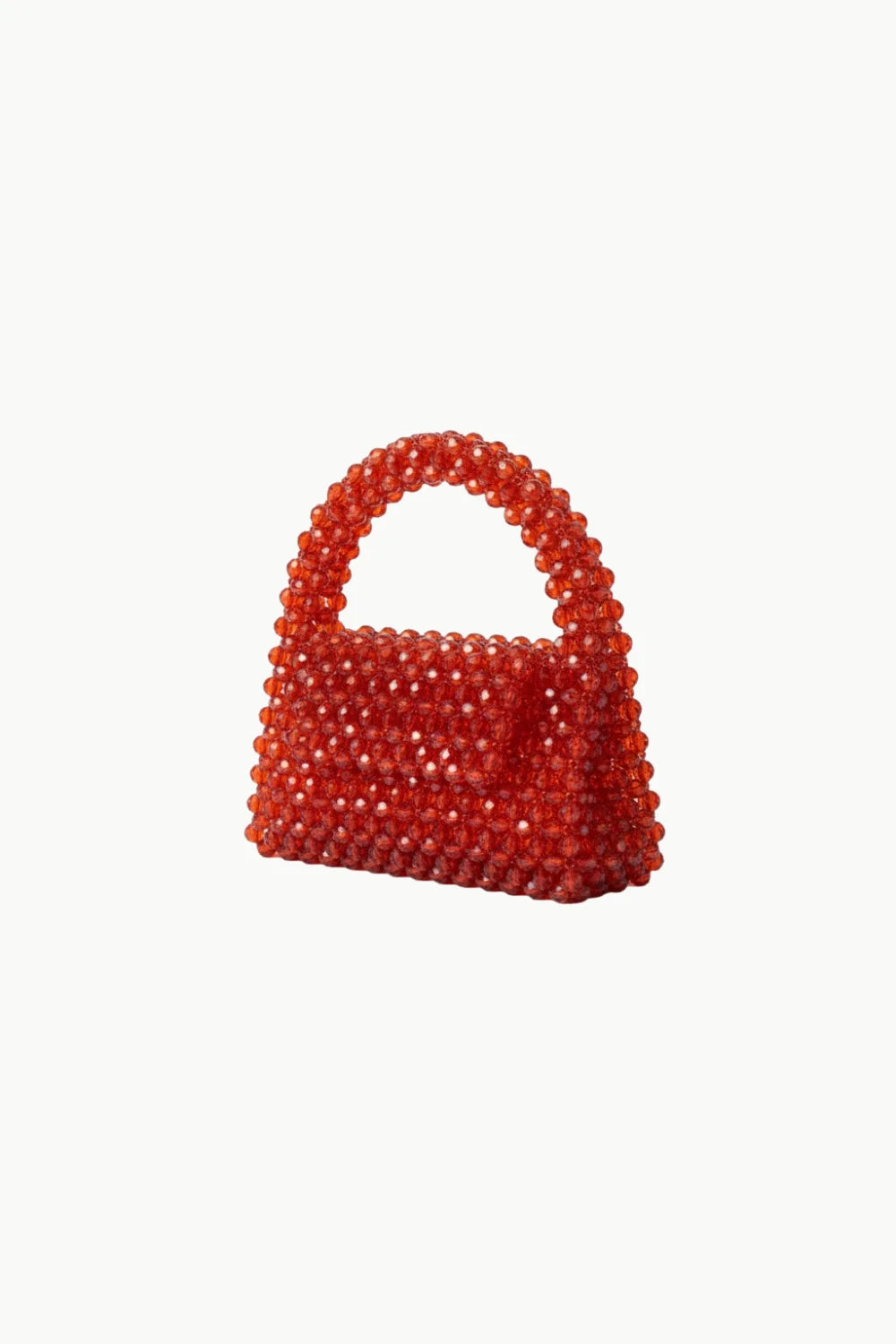 Vibrant red beaded purse with structured top handle, perfect for stylish occasions