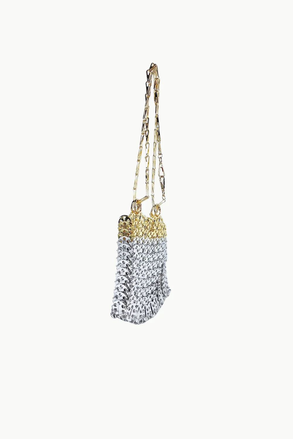 Gold and silver chainmail beaded coin purse with a long chain strap for retro beaded coin style