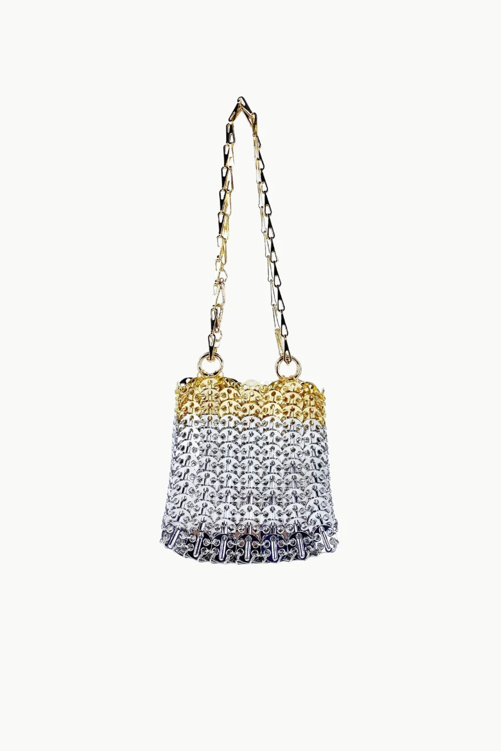 Retro beaded coin purse with metallic rings and gold-tone chain strap for stylish accessories