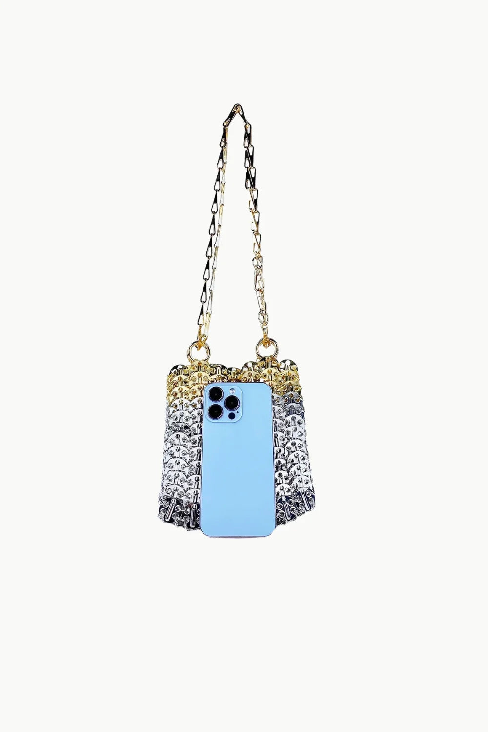 Shimmering two-toned retro beaded coin purse with gold chain strap and light blue smartphone for size reference