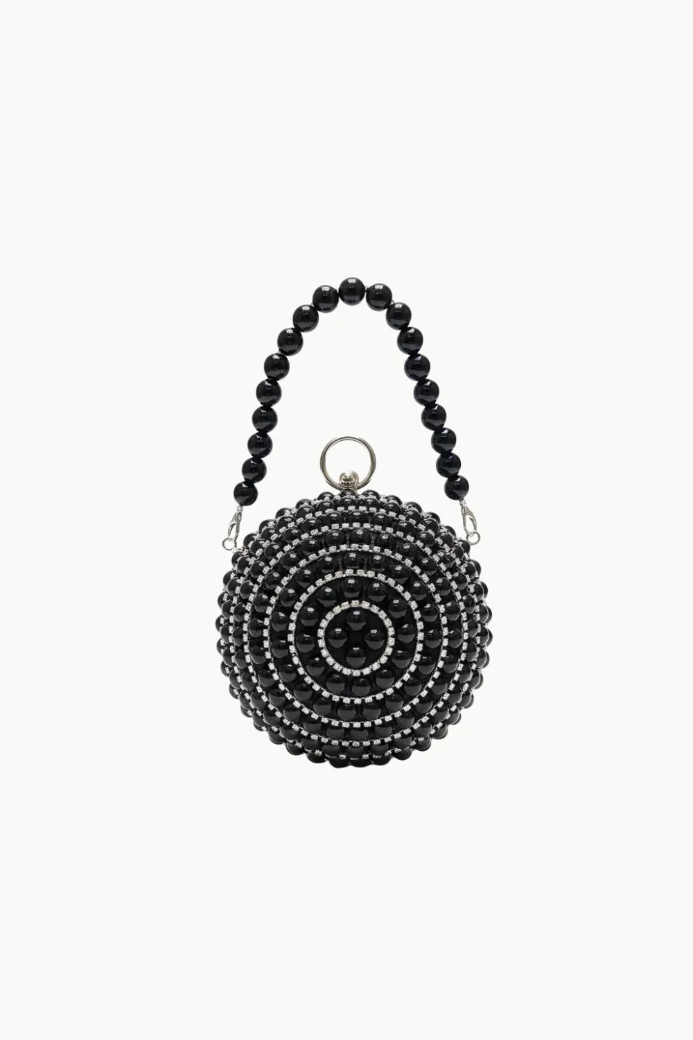 Black Beaded Round Pearl Clutch Purse with Crystal Accents and Pearl Handle