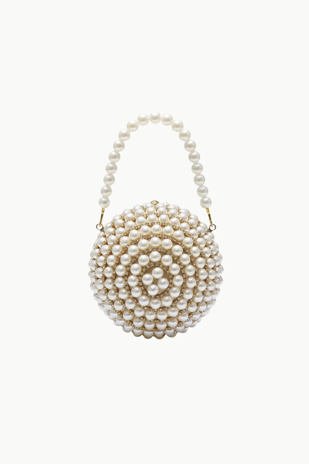 Round Pearl Clutch Purse with concentric pearl circles and pearl-beaded handle