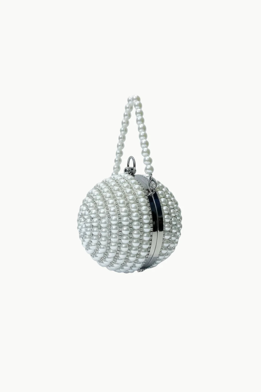 Round pearl clutch purse with pearl embellishments and strap for elegant evening wear