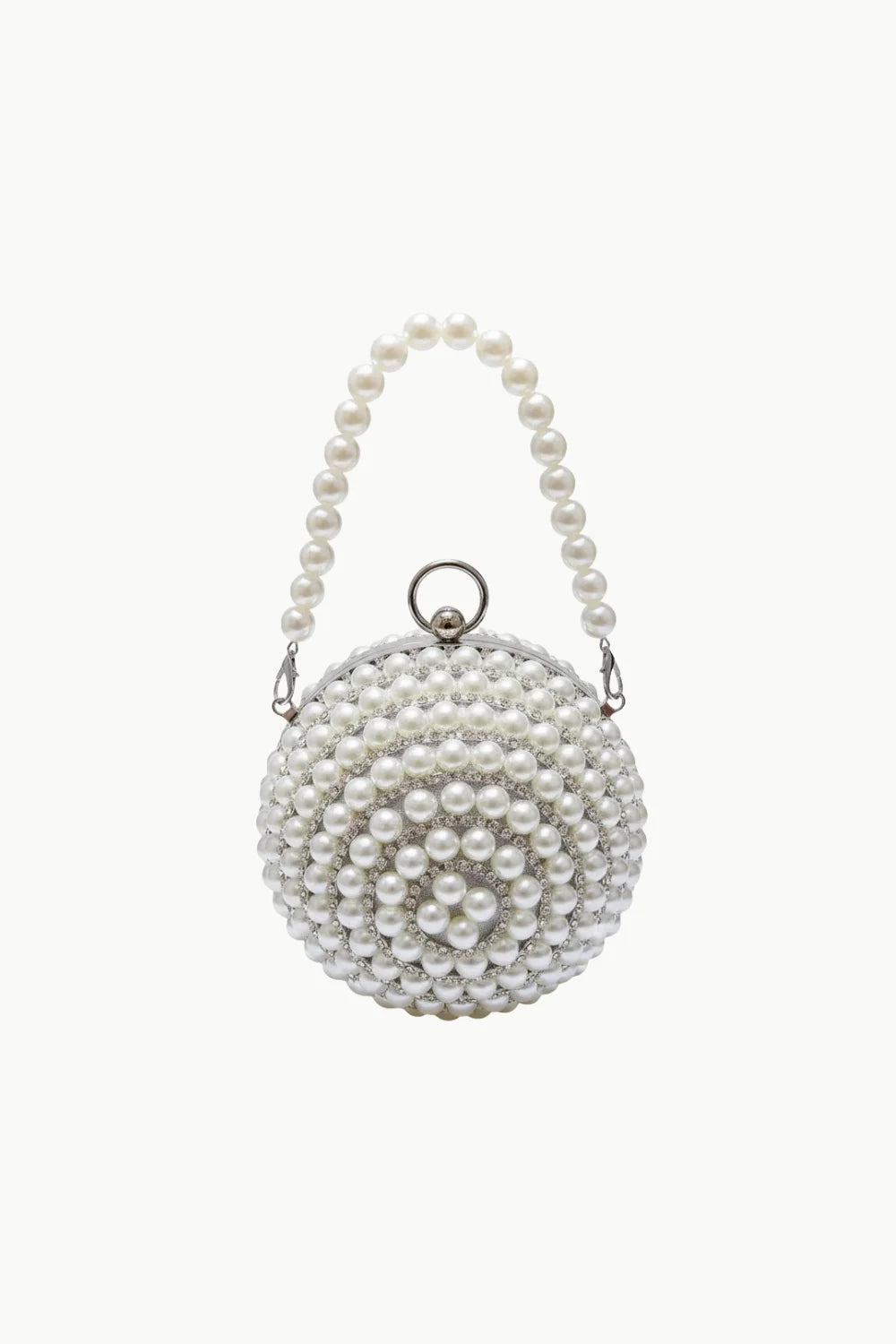 White round pearl clutch purse with pearl handle, stylish round pearl clutch accessory