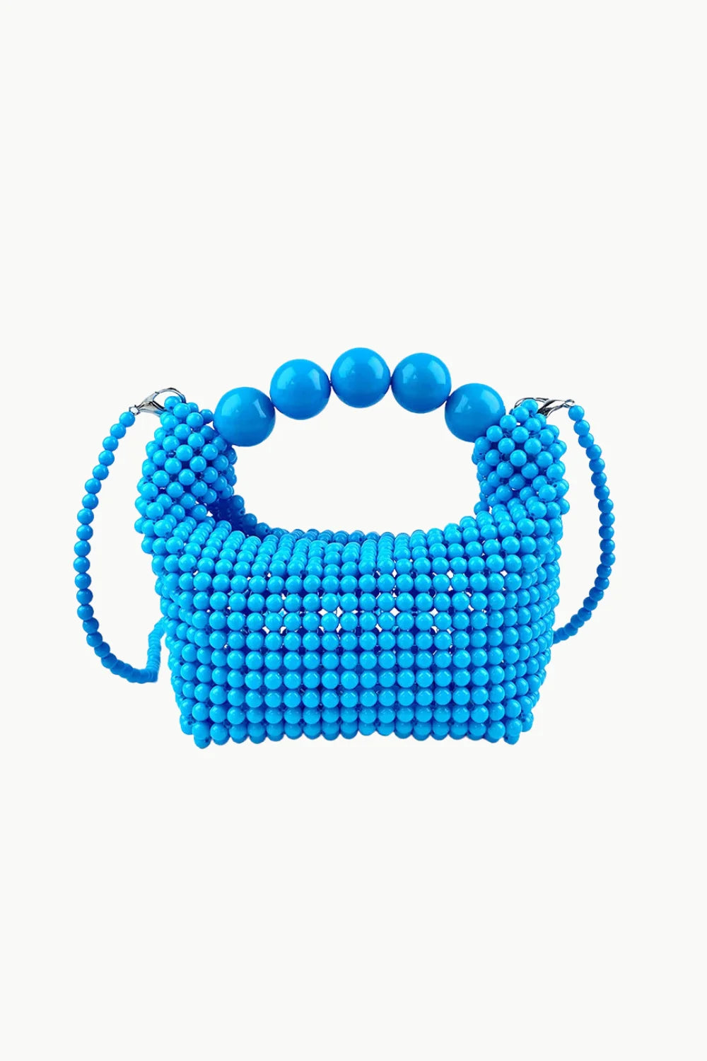 Royal blue beaded bag with rounded top handle and long shoulder straps