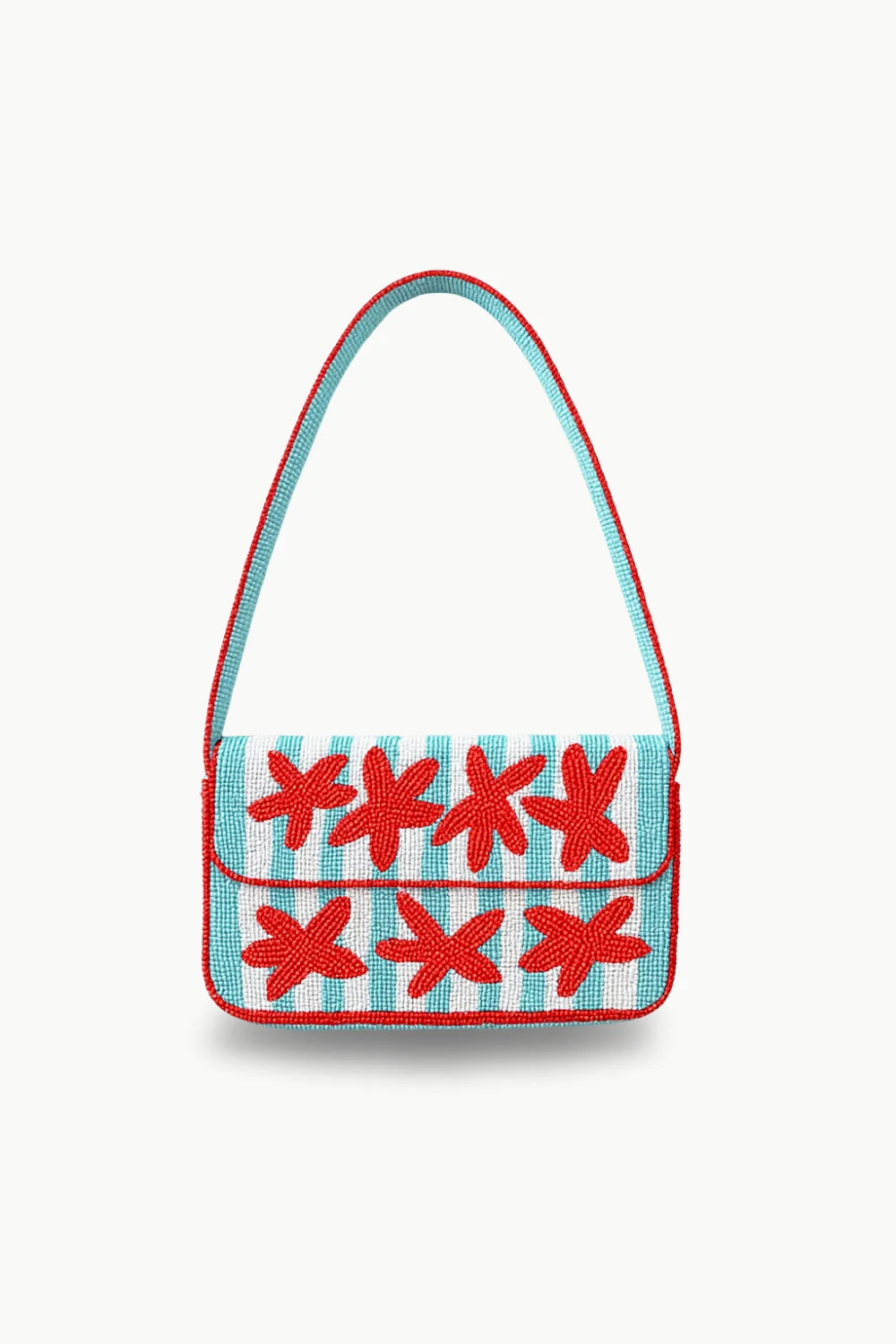 Seashell Beaded Bag with light blue, white stripes and red starfish design