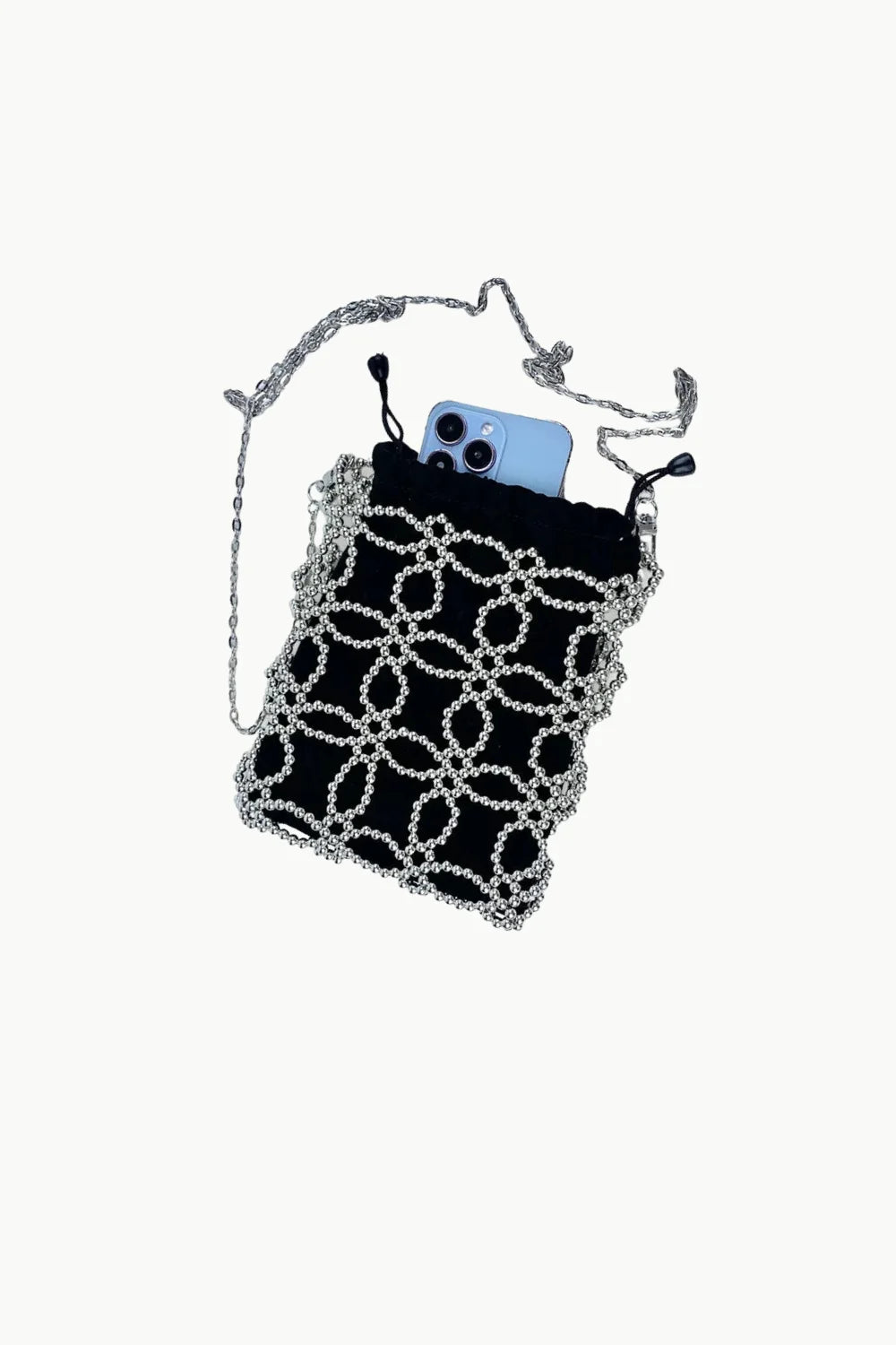 Black seed bead bag with silver chain strap, stylish bead bag for accessories