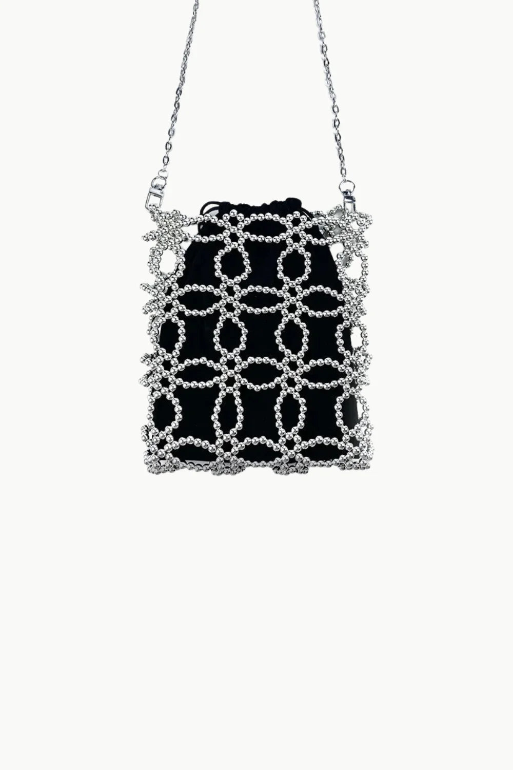 Black seed bead bag with silver lattice pattern and chain strap for stylish accessory