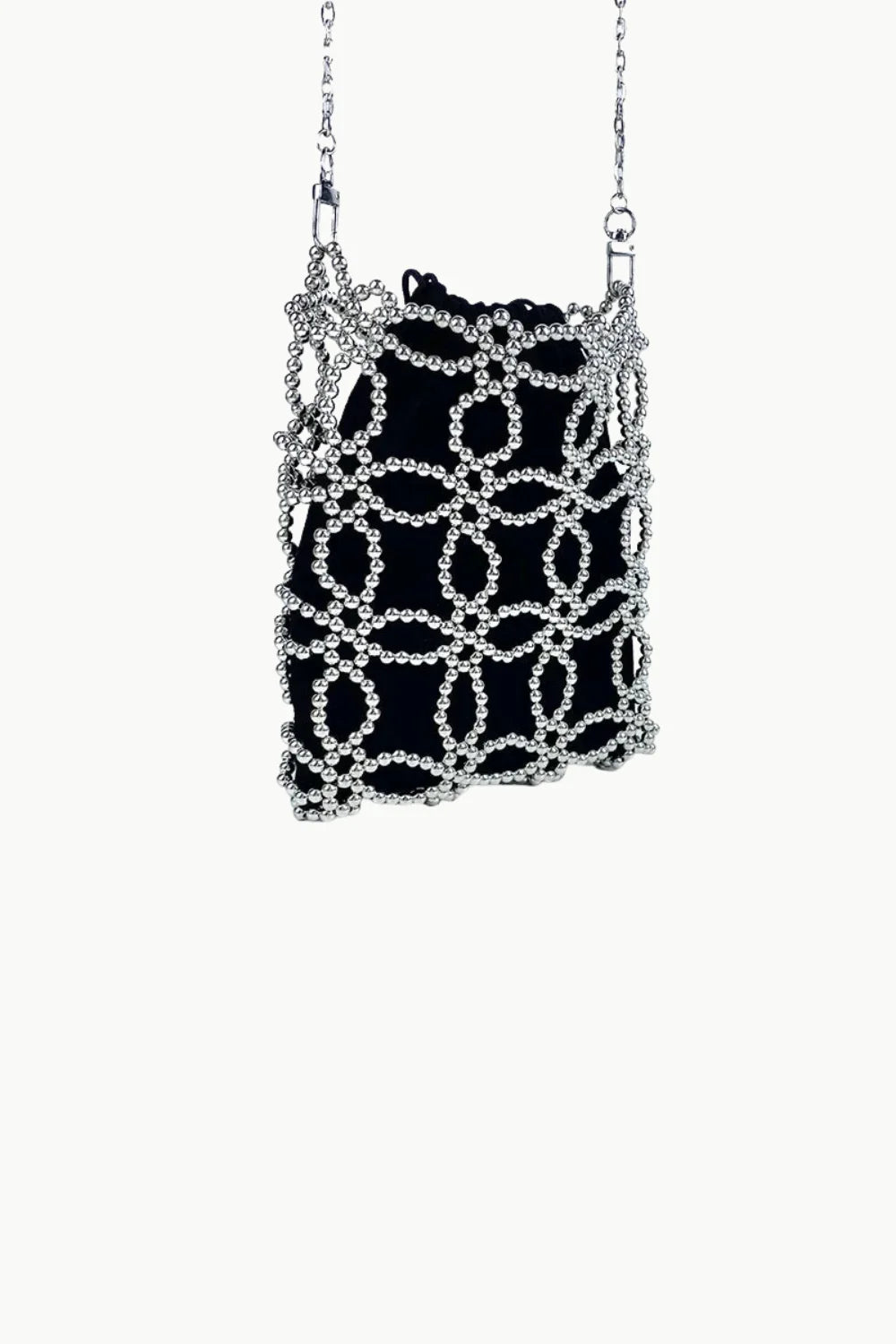 Black seed bead bag with silver beaded overlay and chain strap for stylish accessory