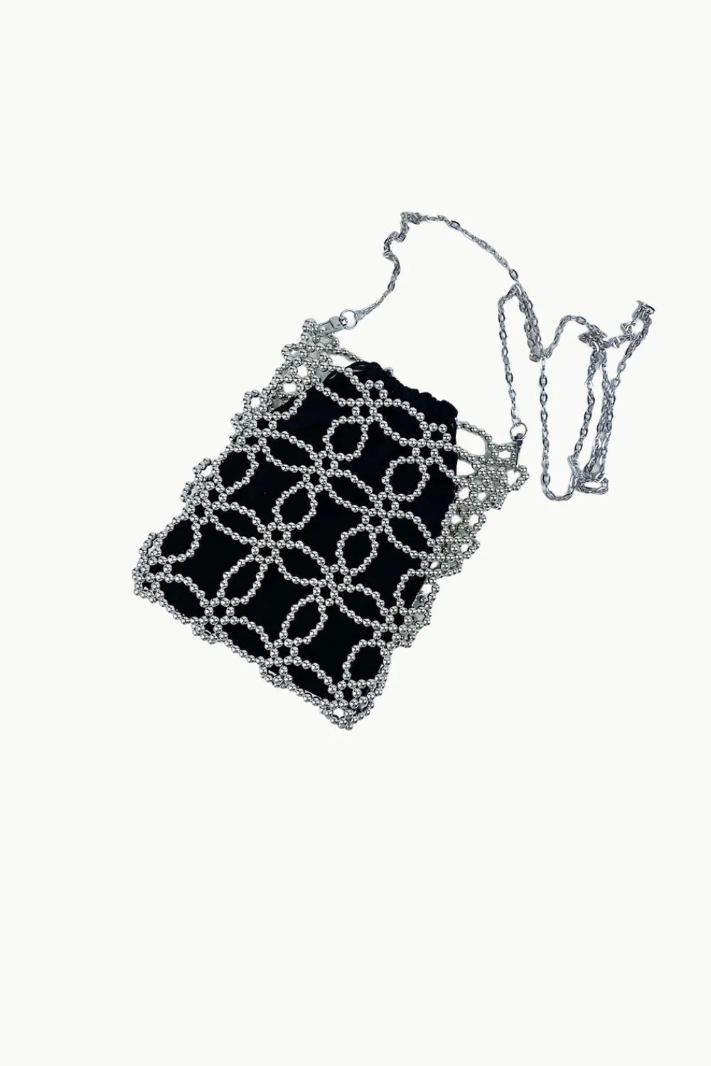 Black velvet seed bead bag with silver beaded overlay and chain strap for elegant style