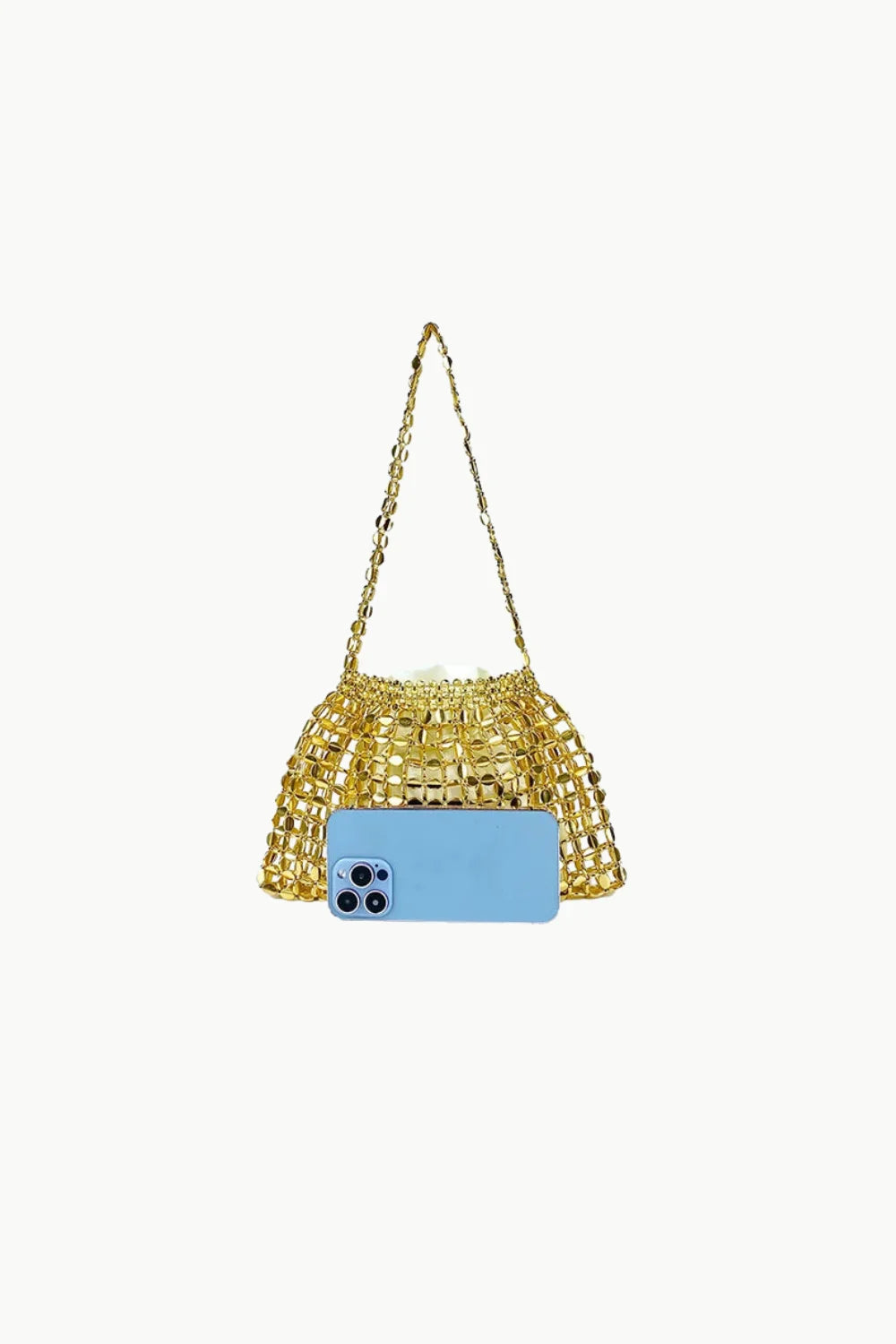 Gold-colored sequin beaded bag with shimmering beads and short chain strap