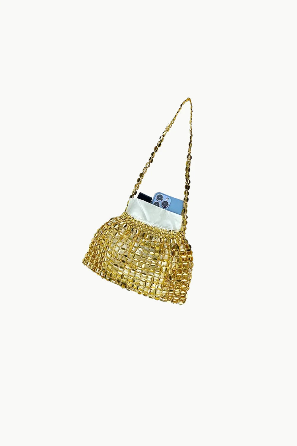 Sequin Beaded Bag with Gold Beaded Shoulder Strap, phone, and cards inside