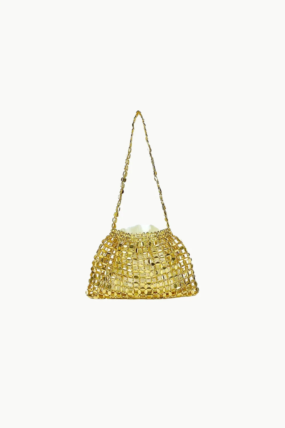 Gold-toned metallic mesh shoulder bag with chain strap, Sequin Beaded Bag, stylish beaded bag