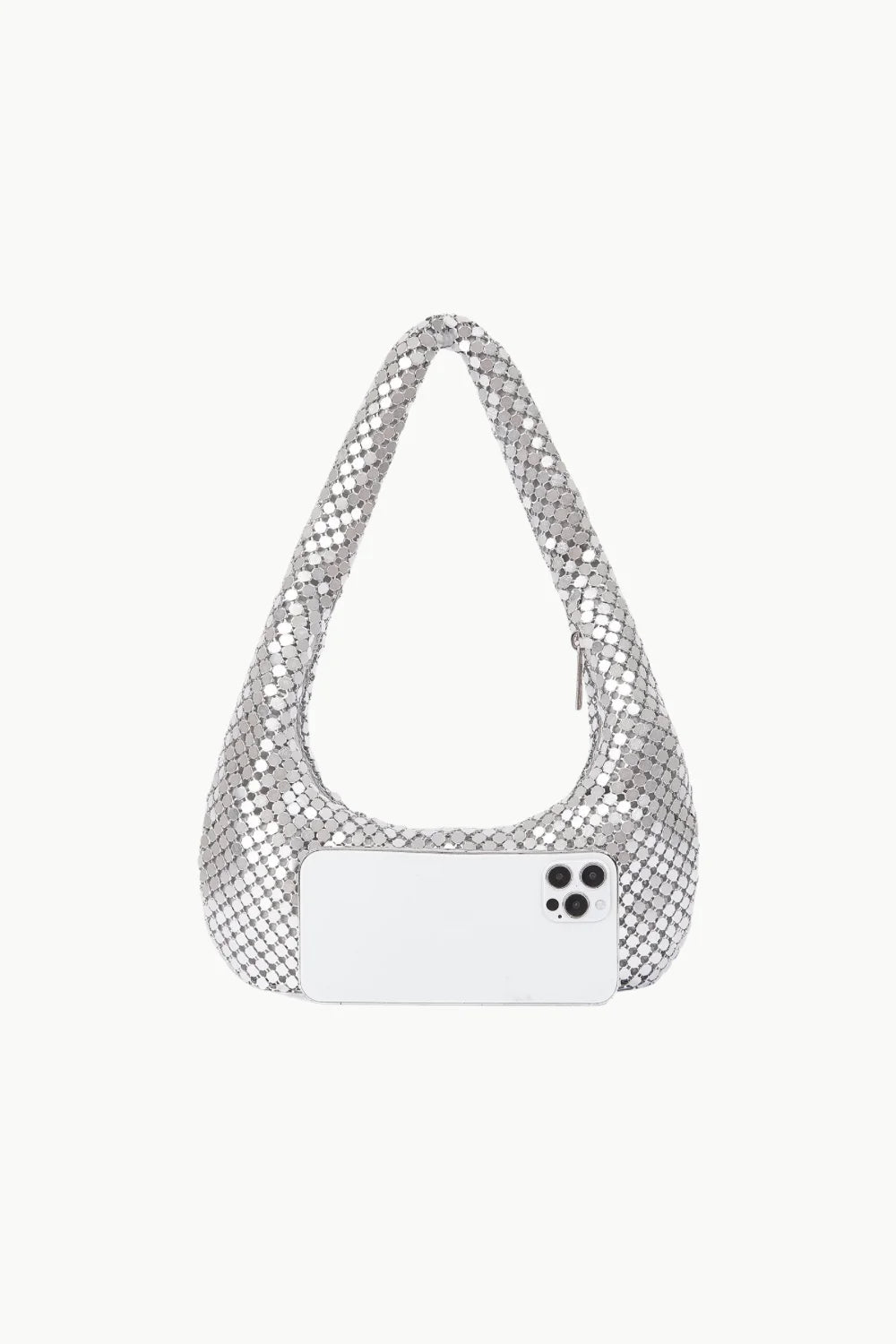 Silver metallic mesh shoulder bag with white smartphone, stylish sequin beaded purse