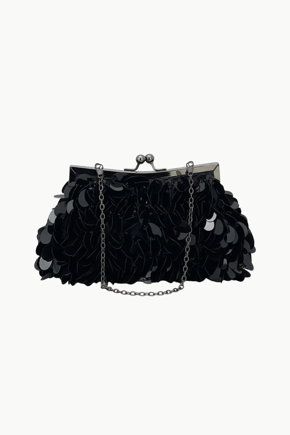 Black sequined clutch bag with metal frame and chain strap for stylish occasions