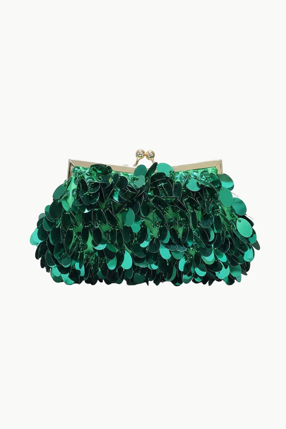 Emerald green sequin clutch bag with gold clasp for elegant occasions