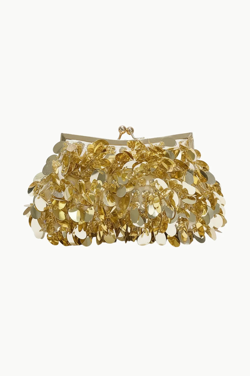 Gold sequined clutch bag with snap closure, perfect for evening events and parties