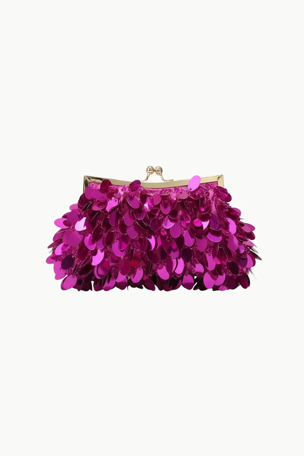 Magenta sequined clutch bag with gold-toned clasp for stylish evening accessories