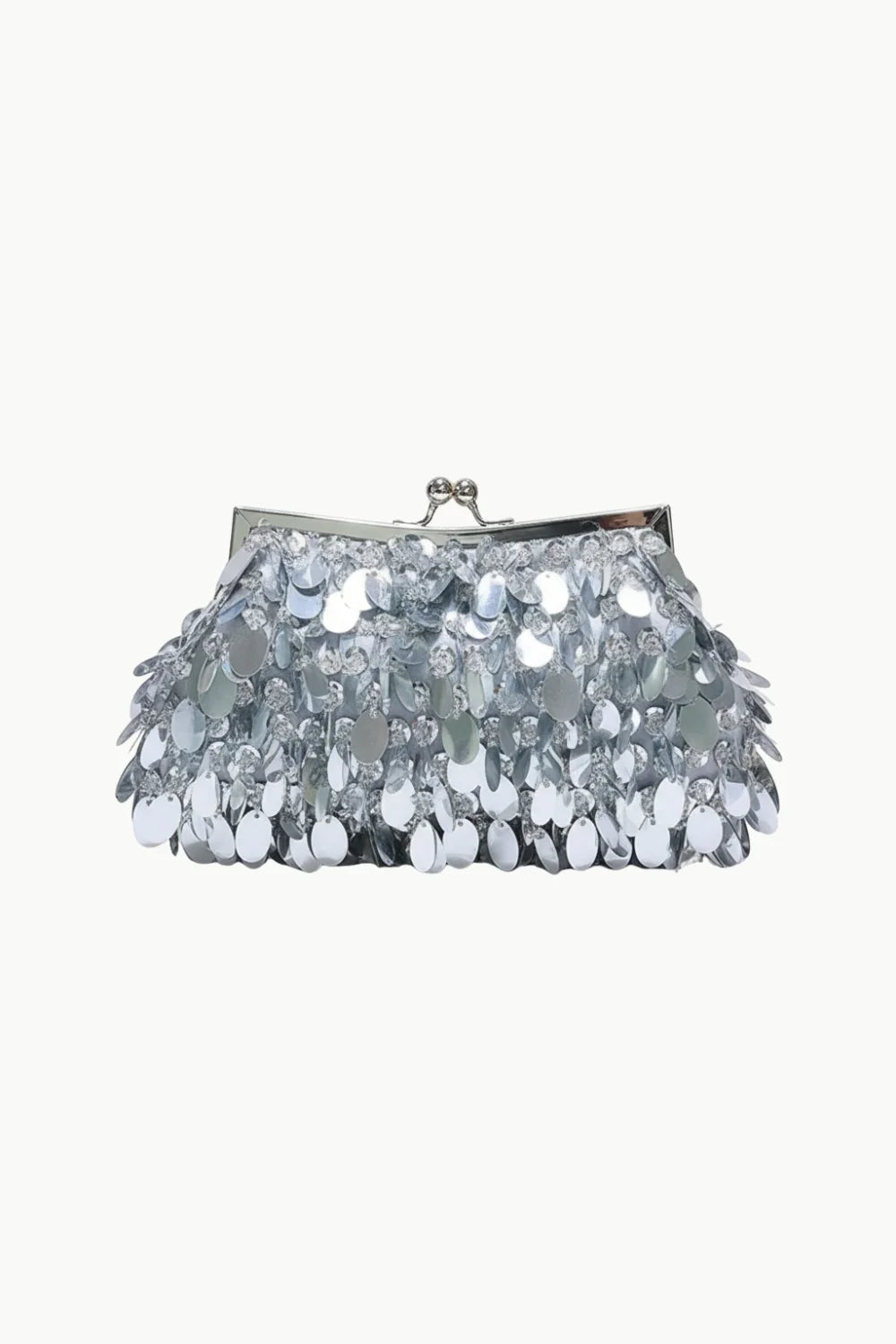 Silver sequin clutch bag with metal clasp closure, stylish sequin clutch for evening events