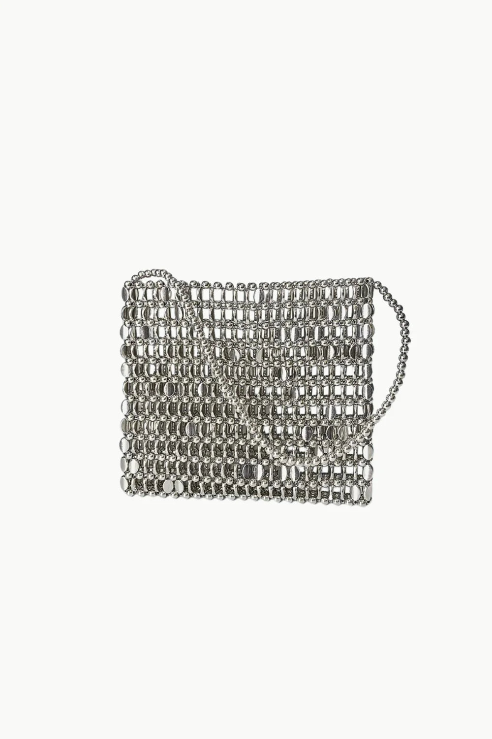Silver shiny bead handbag with a long chain strap, perfect bead handbag accessory