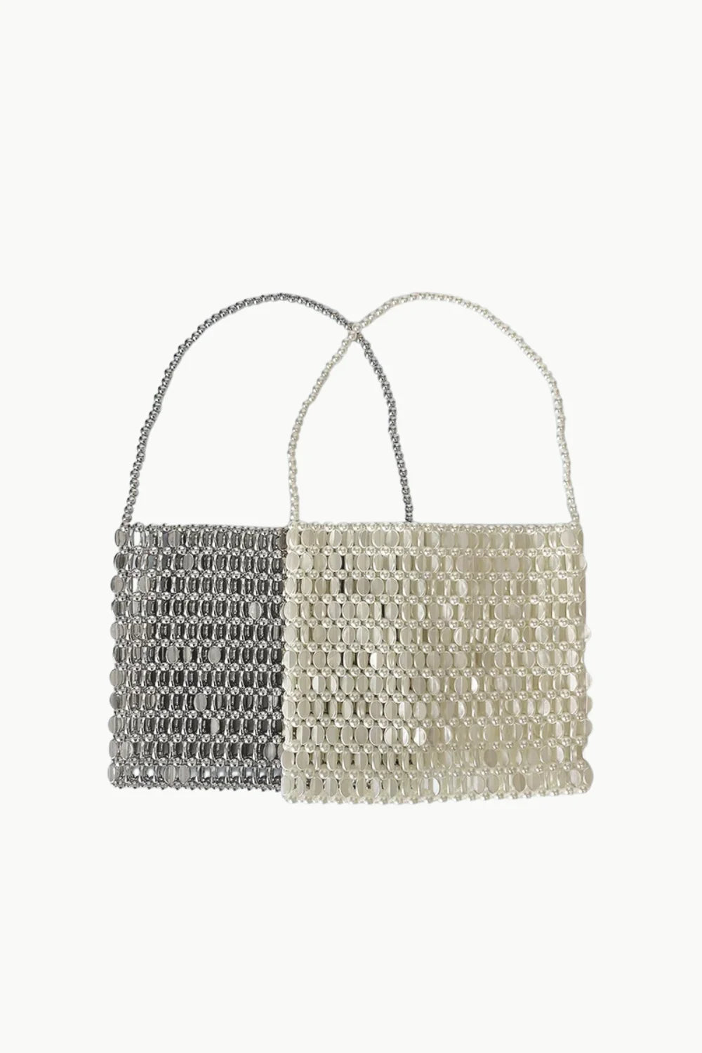 Shiny bead handbag with two beaded shoulder bags, one silver and one off-white