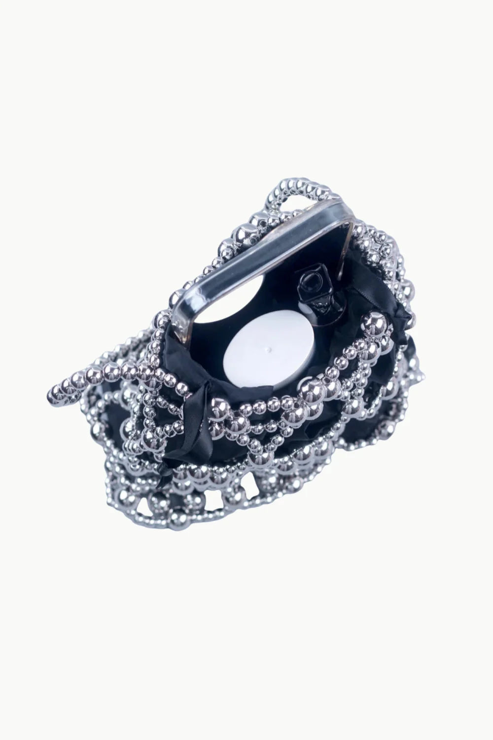 Black Silver Beaded Bucket Bag with Intricate Silver Beaded Overlay