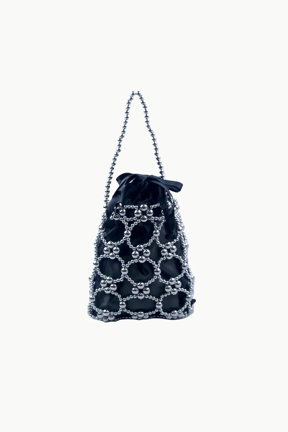 Silver Beaded Bucket Bag with drawstring pouch, beaded mesh overlay, and top handle