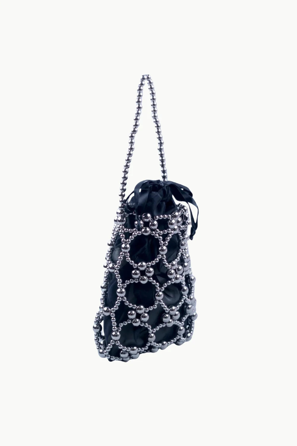Silver Beaded Bucket Bag with black drawstring pouch and beaded handle for stylish use