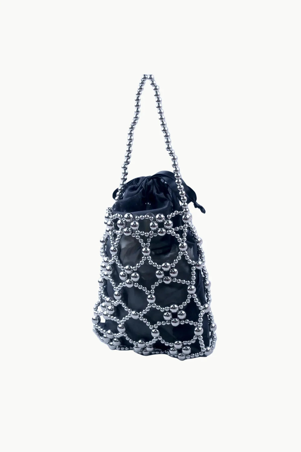 Black drawstring bucket bag with silver beaded net overlay and handle for stylish accessorizing