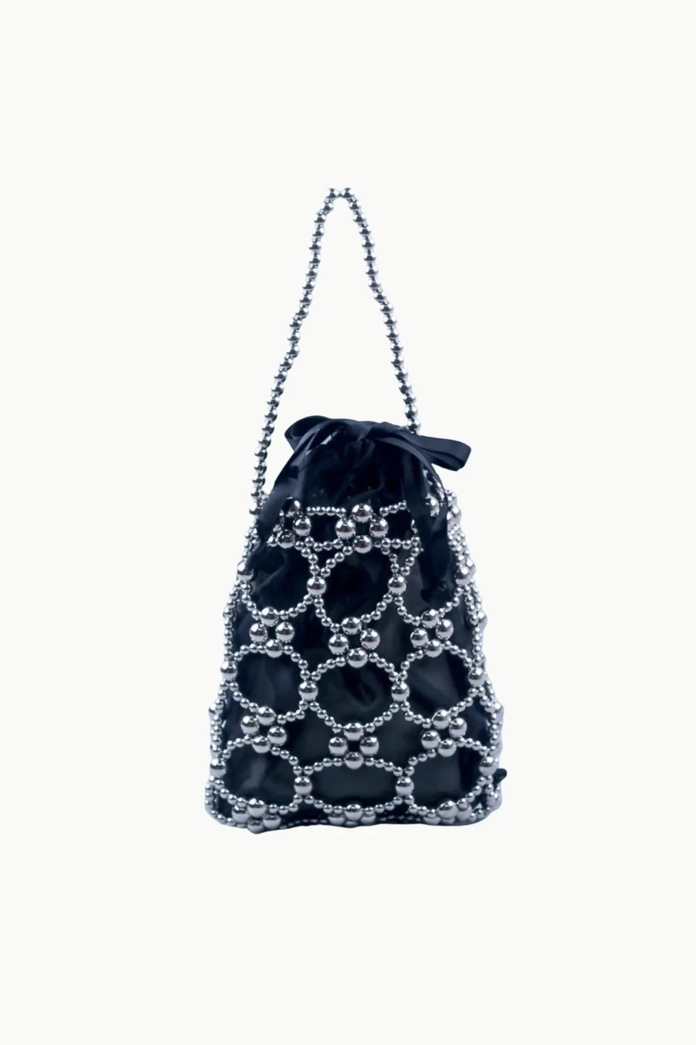 Black velvet drawstring bucket bag with silver beaded overlay and handle